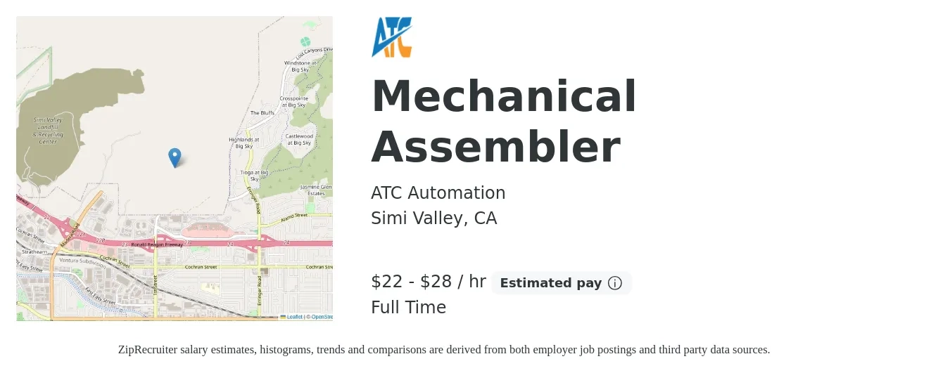 ATC Automation job posting for a Mechanical Assembler in Simi Valley, CA with a salary of $23 to $30 Hourly with a map of Simi Valley location.
