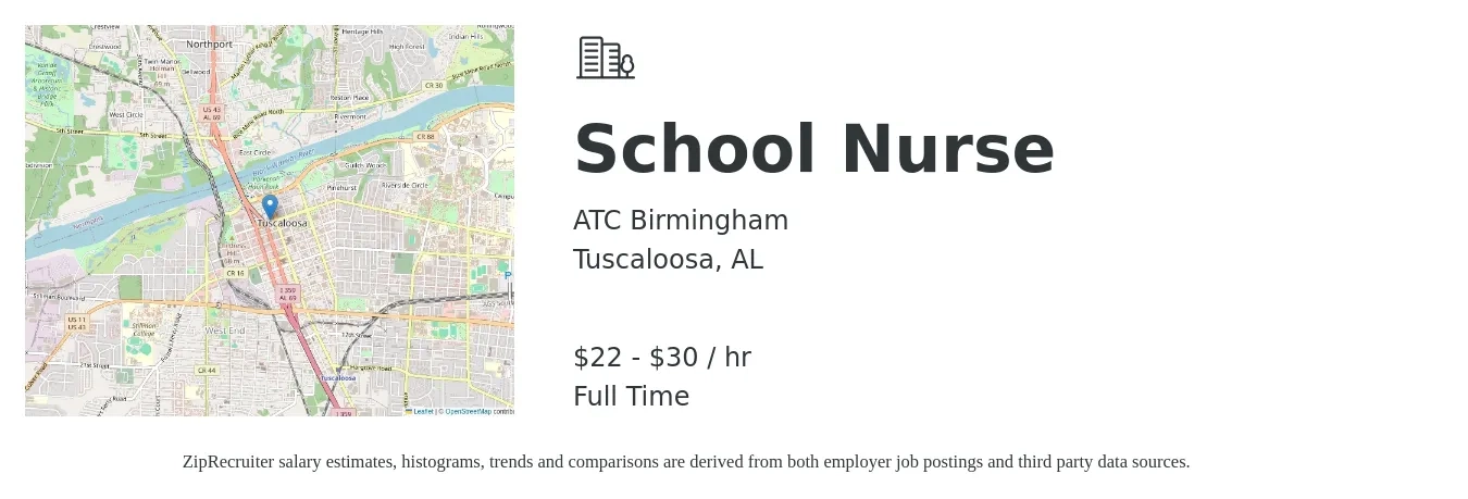 ATC Birmingham job posting for a School Nurse in Tuscaloosa, AL with a salary of $23 to $32 Hourly with a map of Tuscaloosa location.