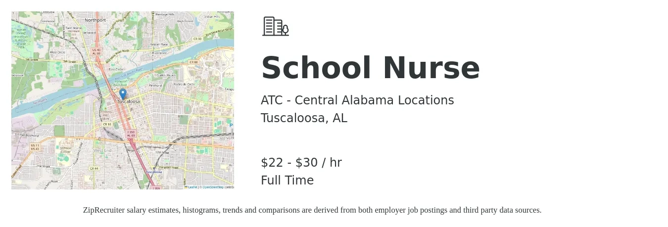 ATC - Central Alabama Locations job posting for a School Nurse in Tuscaloosa, AL with a salary of $23 to $32 Hourly with a map of Tuscaloosa location.