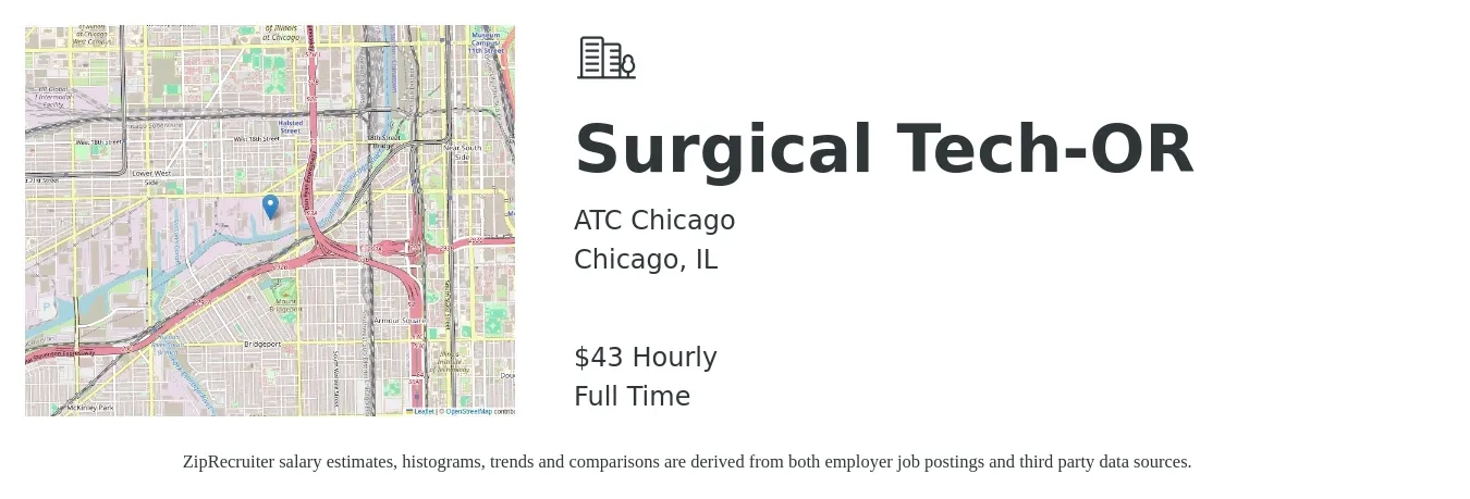 ATC Chicago job posting for a Surgical Tech-OR in Chicago, IL with a salary of $45 Hourly with a map of Chicago location.