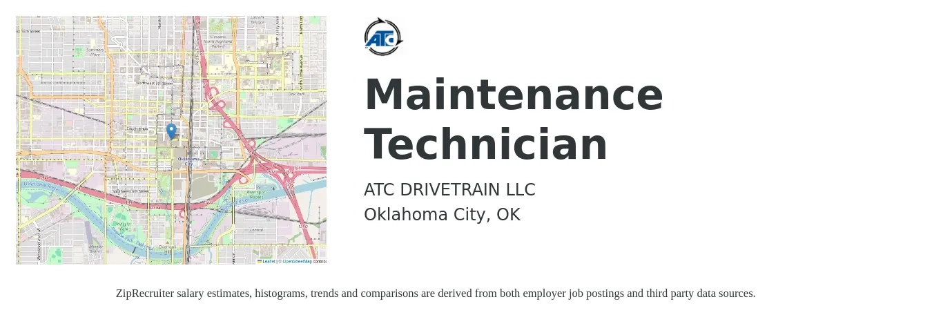 ATC DRIVETRAIN LLC job posting for a Maintenance Technician in Oklahoma City, OK with a salary of $18 to $25 Hourly with a map of Oklahoma City location.