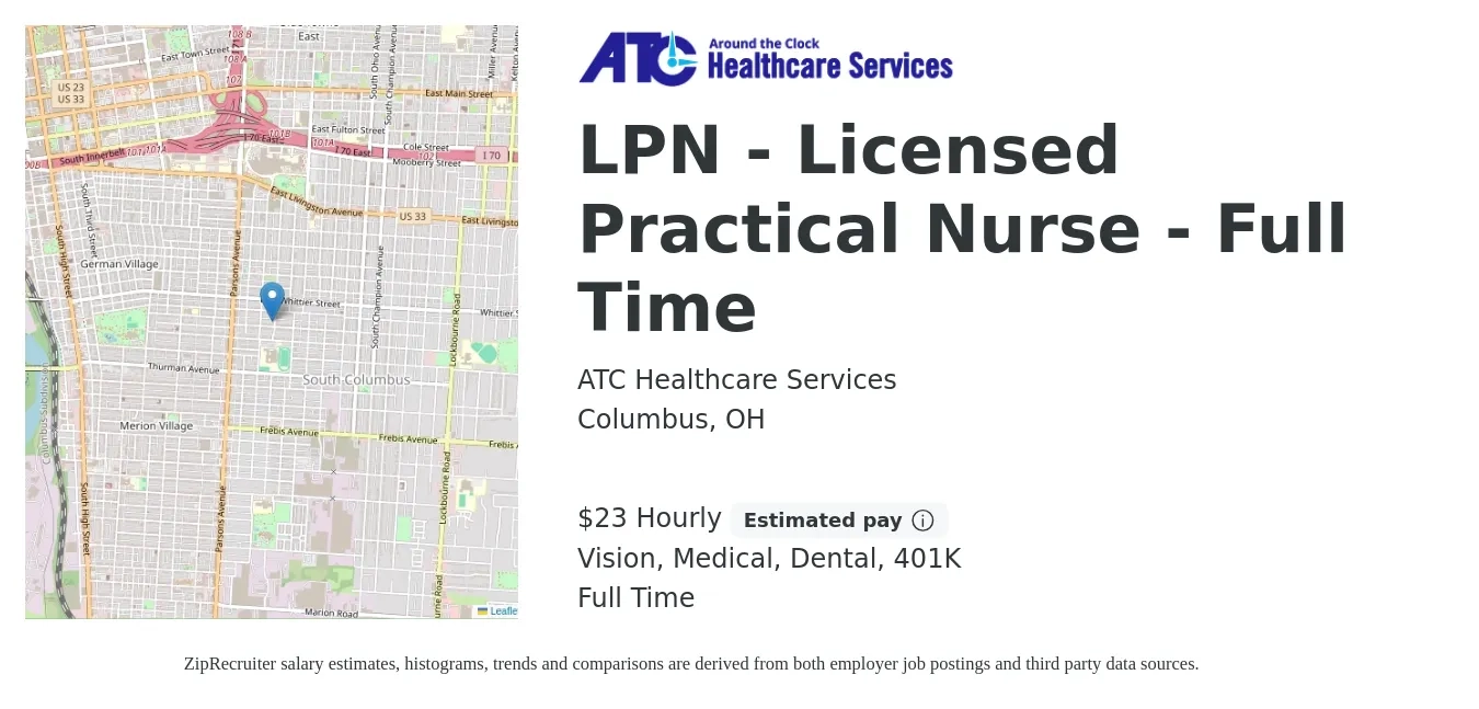 ATC Healthcare Services job posting for a LPN - Licensed Practical Nurse - Full Time in Columbus, OH with a salary of $24 Hourly and benefits including 401k, dental, medical, and vision with a map of Columbus location.