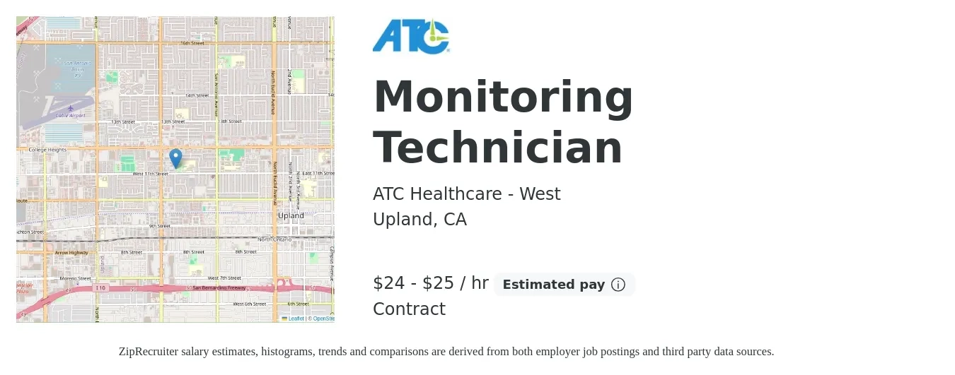 ATC Healthcare - West job posting for a Monitoring Technician in Upland, CA with a salary of $25 to $27 Hourly with a map of Upland location.