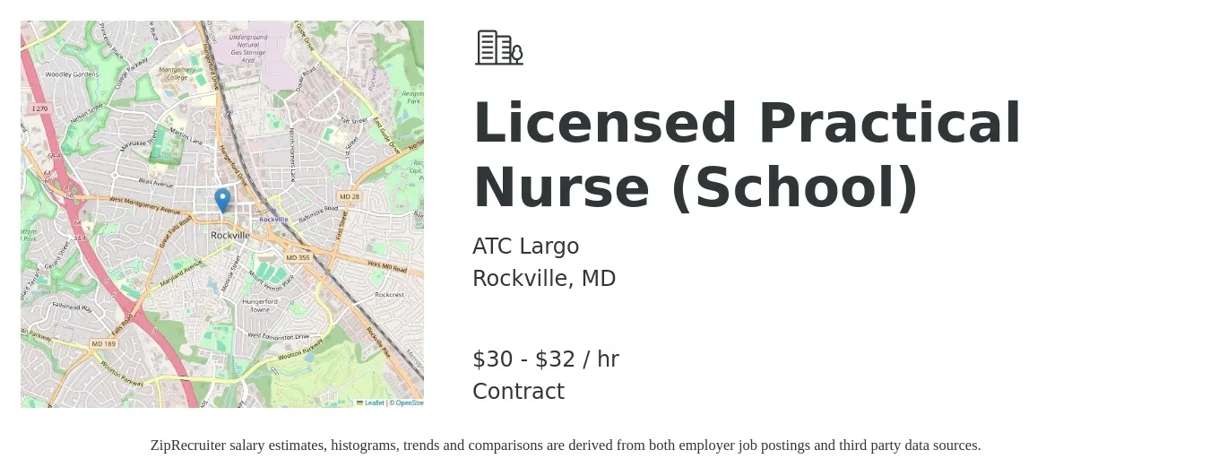 ATC Largo job posting for a Licensed Practical Nurse (School) in Rockville, MD with a salary of $32 to $34 Hourly with a map of Rockville location.