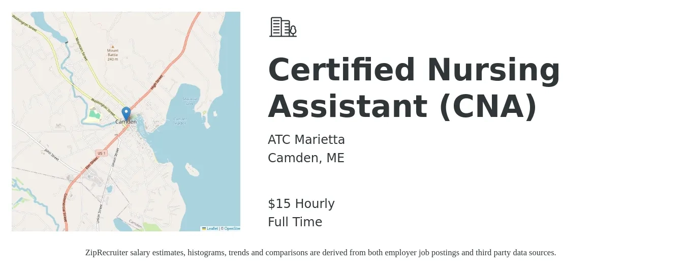 ATC Marietta job posting for a Certified Nursing Assistant (CNA) in Camden, ME with a salary of $16 Hourly with a map of Camden location.