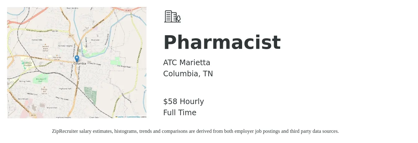 ATC Marietta job posting for a Pharmacist in Columbia, TN with a salary of $61 Hourly with a map of Columbia location.