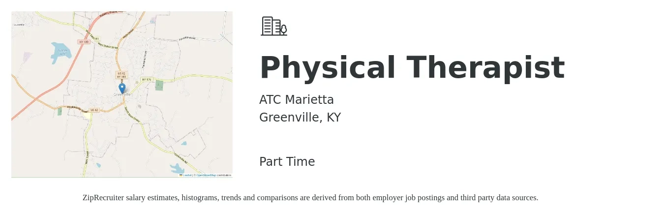ATC Marietta job posting for a Physical Therapist in Greenville, KY with a salary of $1,410 to $1,820 Weekly with a map of Greenville location.