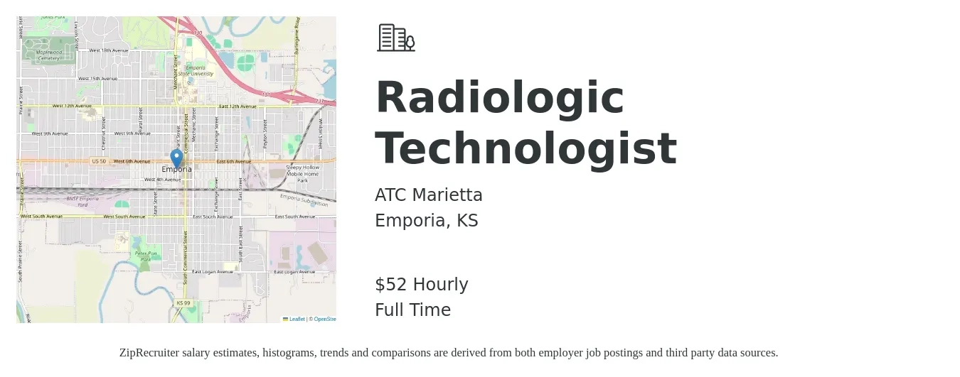 ATC Marietta job posting for a Radiologic Technologist in Emporia, KS with a salary of $55 Hourly with a map of Emporia location.