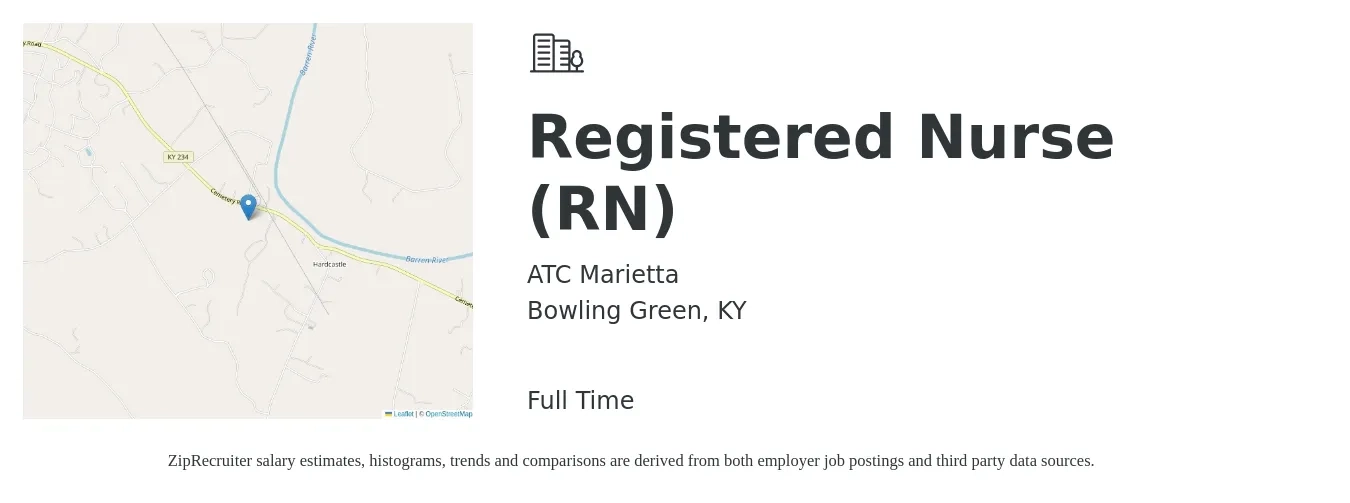 ATC Marietta job posting for a Registered Nurse (RN) in Bowling Green, KY with a salary of $32 to $51 Hourly with a map of Bowling Green location.