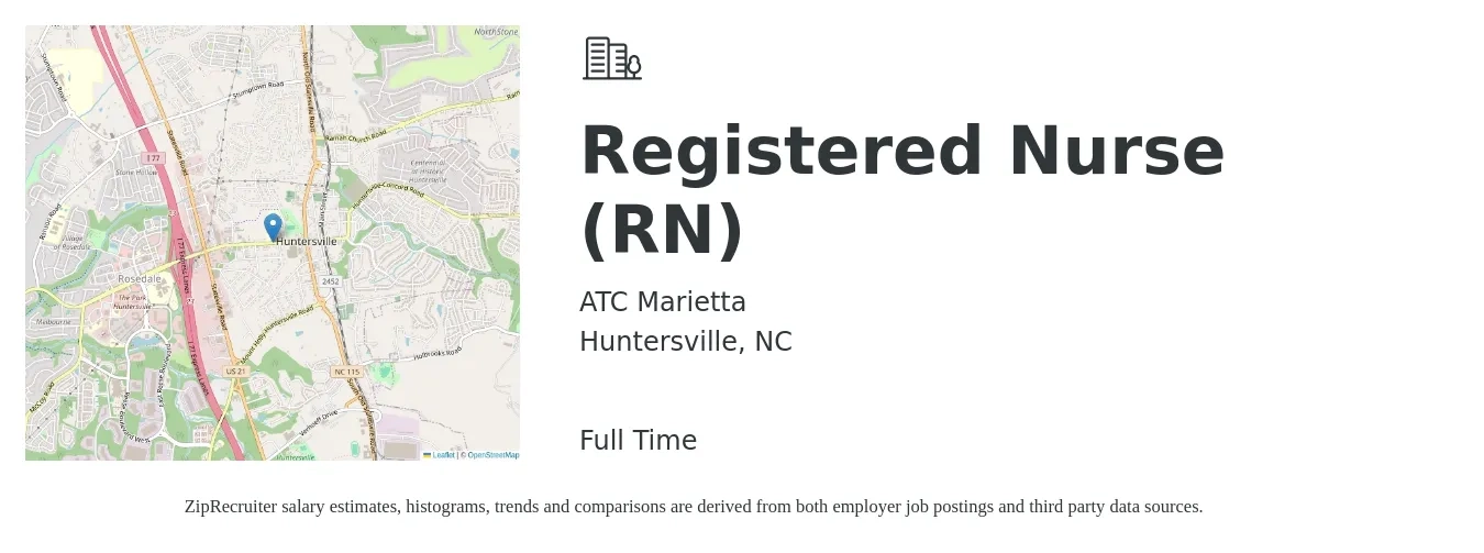 ATC Marietta job posting for a Registered Nurse (RN) in Huntersville, NC with a salary of $31 to $49 Hourly with a map of Huntersville location.