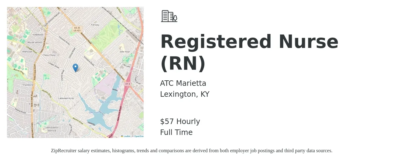 ATC Marietta job posting for a Registered Nurse (RN) in Lexington, KY with a salary of $60 Hourly with a map of Lexington location.