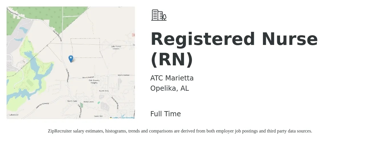 ATC Marietta job posting for a Registered Nurse (RN) in Opelika, AL with a salary of $30 to $48 Hourly with a map of Opelika location.