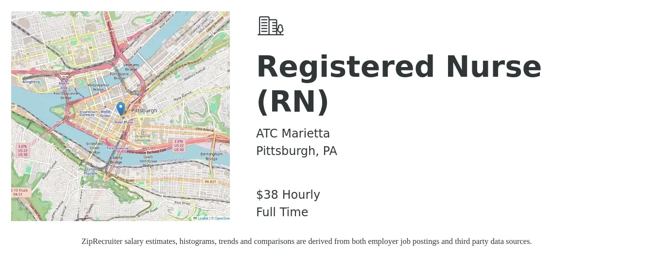 ATC Marietta job posting for a Registered Nurse (RN) in Pittsburgh, PA with a salary of $40 Hourly with a map of Pittsburgh location.