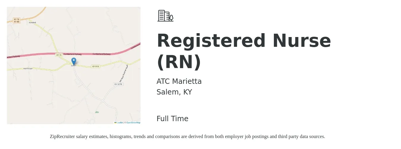 ATC Marietta job posting for a Registered Nurse (RN) in Salem, KY with a salary of $27 to $43 Hourly with a map of Salem location.