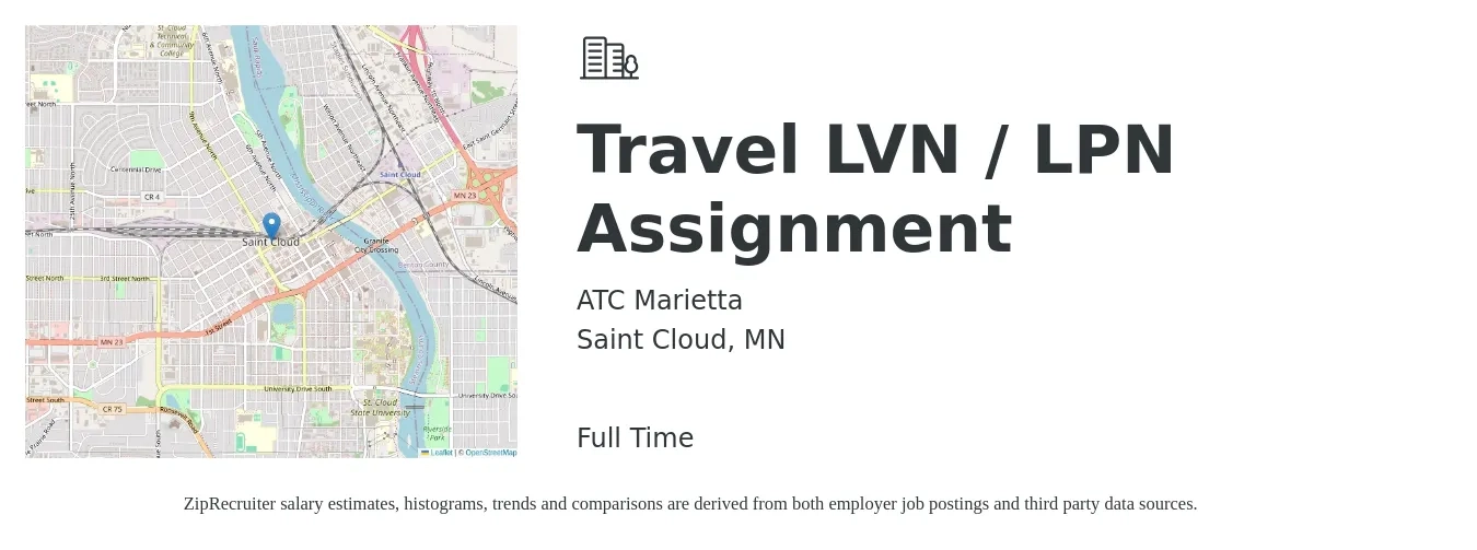 ATC Marietta job posting for a Travel LVN / LPN Assignment in Saint Cloud, MN with a salary of $1,190 to $1,670 Weekly with a map of Saint Cloud location.