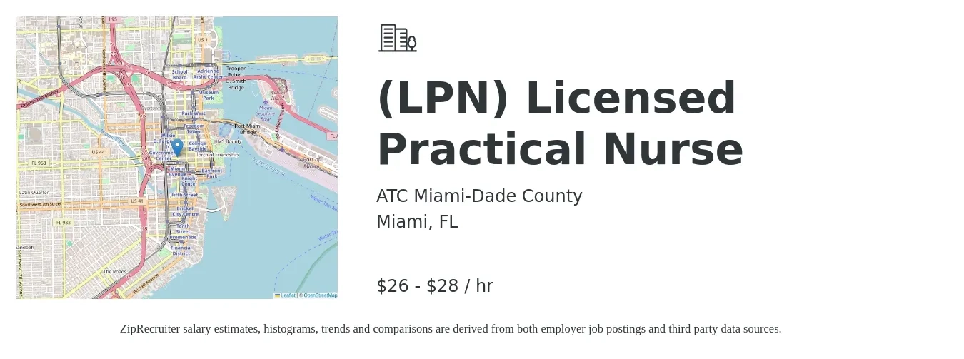 ATC Miami-Dade County job posting for a (LPN) Licensed Practical Nurse in Miami, FL with a salary of $28 to $30 Hourly with a map of Miami location.