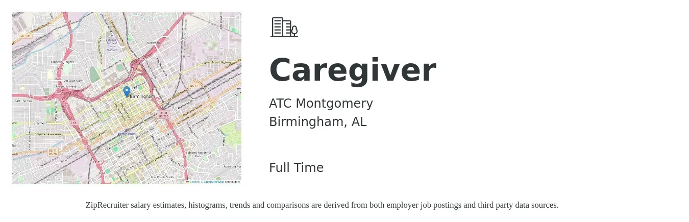 ATC Montgomery job posting for a Caregiver in Birmingham, AL with a salary of $13 to $17 Hourly with a map of Birmingham location.