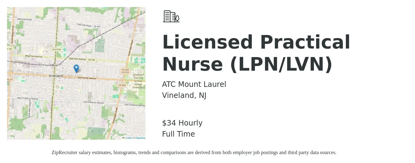 ATC Mount Laurel job posting for a Licensed Practical Nurse (LPN/LVN) in Vineland, NJ with a salary of $36 Hourly with a map of Vineland location.
