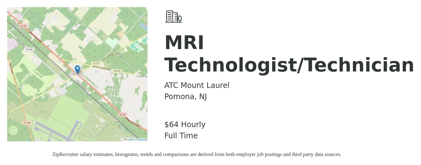 ATC Mount Laurel job posting for a MRI Technologist/Technician in Pomona, NJ with a salary of $67 Hourly with a map of Pomona location.