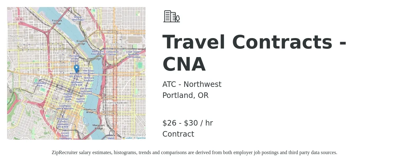 ATC - Northwest job posting for a Travel Contracts - CNA in Portland, OR with a salary of $28 to $32 Hourly with a map of Portland location.