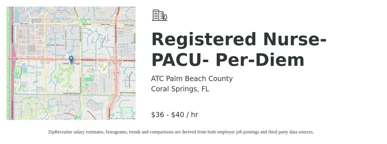 ATC Palm Beach County job posting for a Registered Nurse- PACU- Per-Diem in Coral Springs, FL with a salary of $38 to $42 Hourly with a map of Coral Springs location.