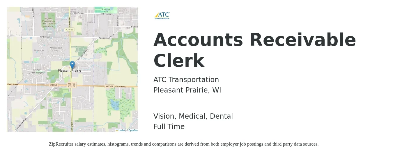 ATC Transportation LLC job posting for a Accounts Receivable Clerk in Pleasant Prairie, WI with a salary of $18 to $23 Hourly and benefits including vision, dental, life_insurance, medical, pto, and retirement with a map of Pleasant Prairie location.