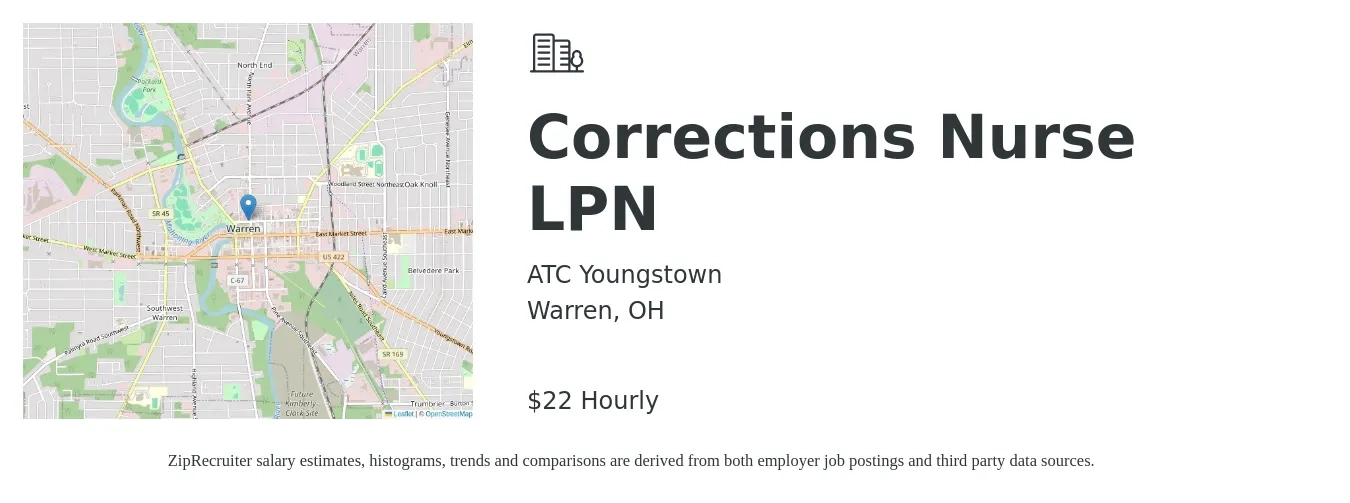 ATC Youngstown job posting for a Corrections Nurse LPN in Warren, OH with a salary of $23 Hourly with a map of Warren location.