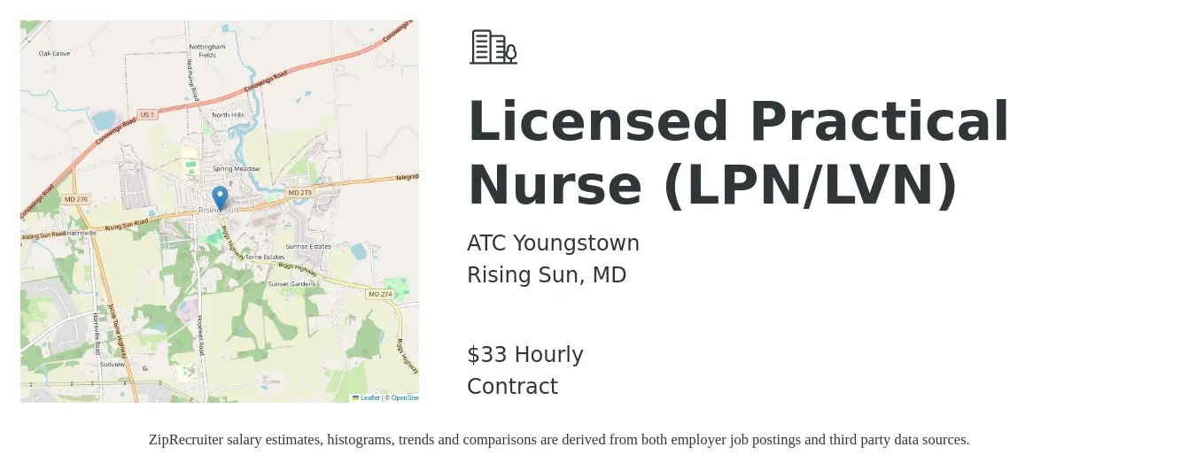 ATC Youngstown job posting for a Licensed Practical Nurse (LPN/LVN) in Rising Sun, MD with a salary of $35 Hourly with a map of Rising Sun location.