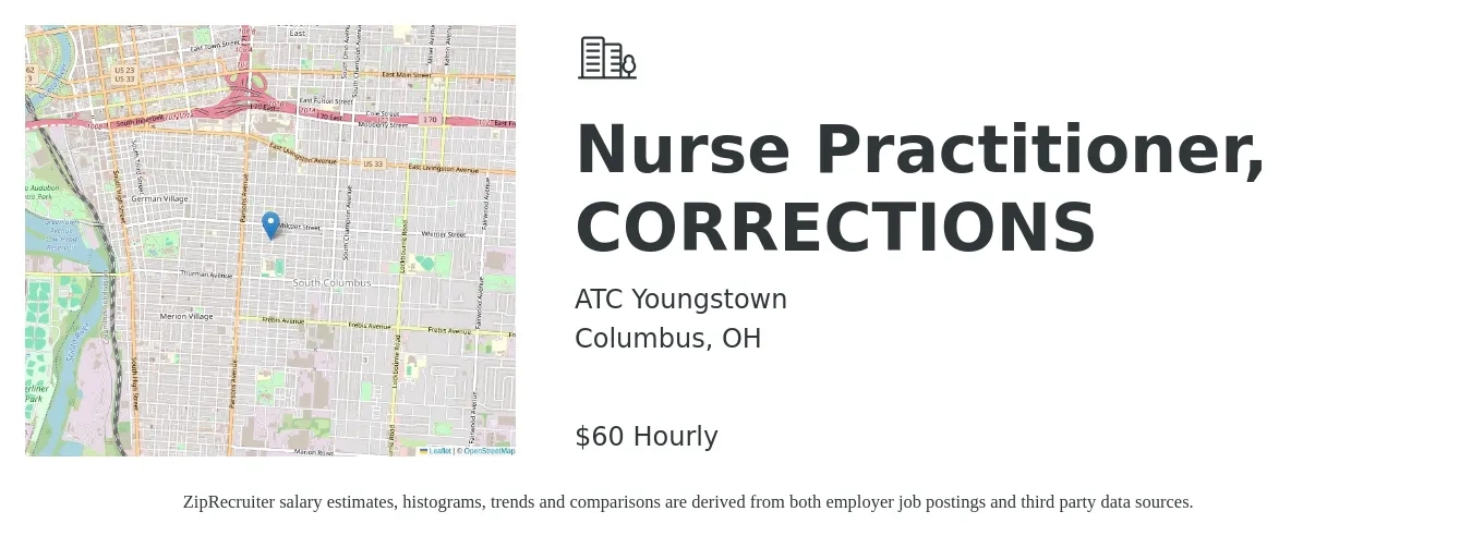 ATC Youngstown job posting for a Nurse Practitioner, CORRECTIONS in Columbus, OH with a salary of $63 Hourly with a map of Columbus location.