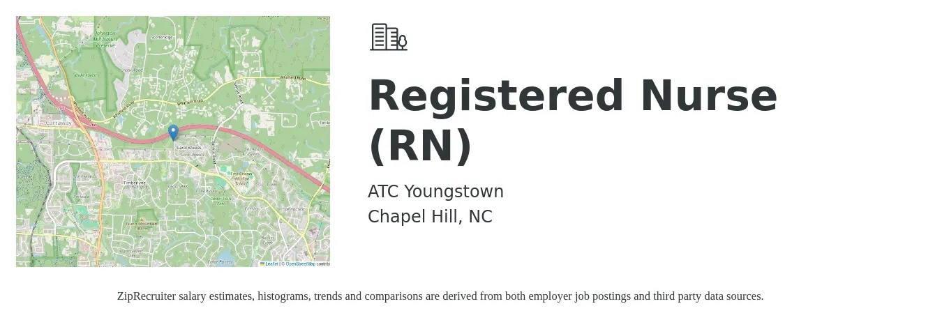 ATC Youngstown job posting for a Registered Nurse (RN) in Chapel Hill, NC with a salary of $1,800 Weekly with a map of Chapel Hill location.