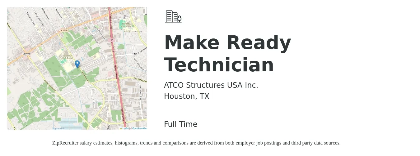 ATCO Structures USA Inc. job posting for a Make Ready Technician in Houston, TX with a salary of $16 to $23 Hourly with a map of Houston location.