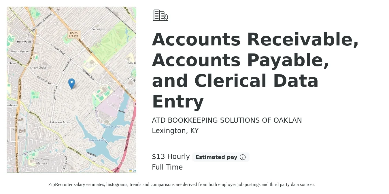 ATD BOOKKEEPING SOLUTIONS OF OAKLAN job posting for a Accounts Receivable, Accounts Payable, and Clerical Data Entry in Lexington, KY with a salary of $14 Hourly with a map of Lexington location.