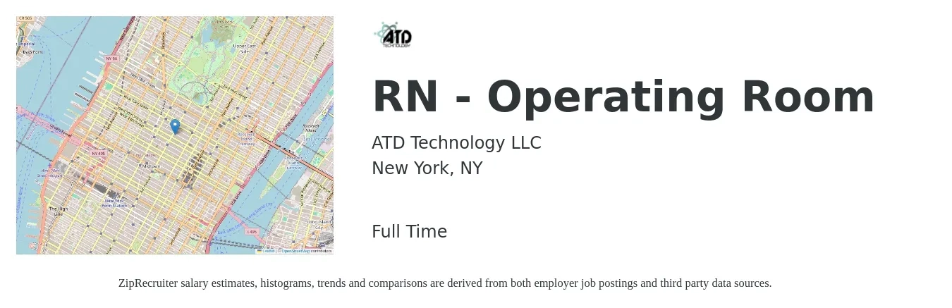ATD Technology LLC job posting for a RN - Operating Room in New York, NY with a salary of $2,210 to $3,440 Weekly with a map of New York location.