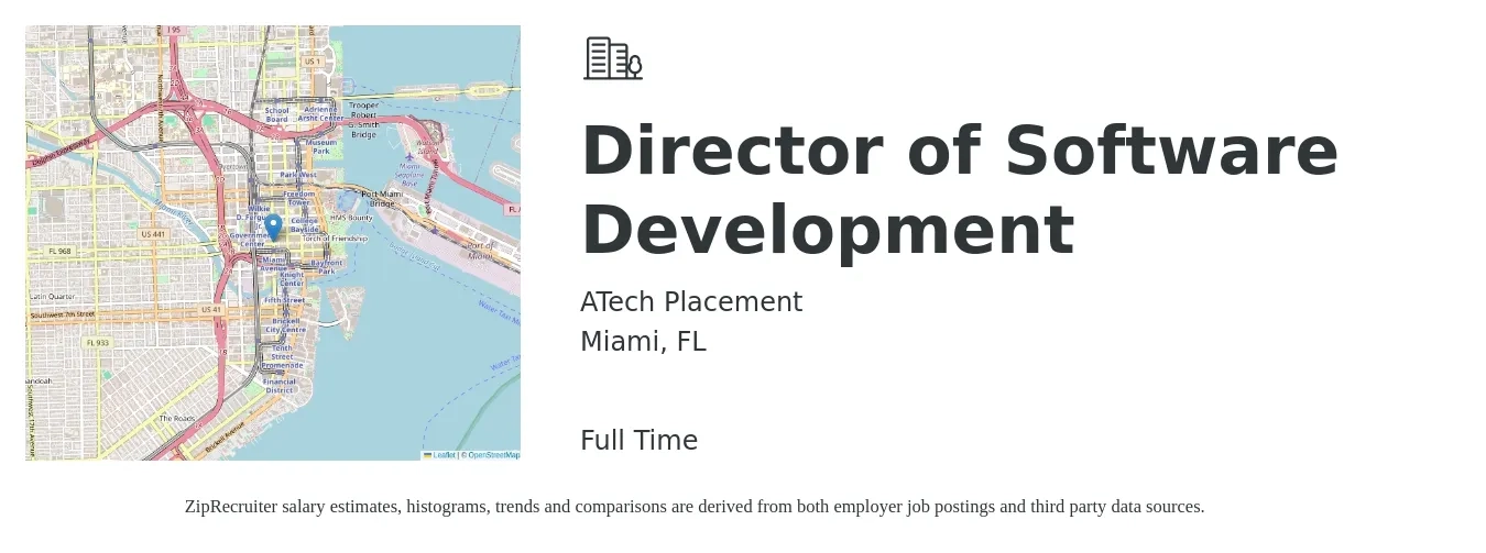 ATech Placement job posting for a Director of Software Development in Miami, FL with a salary of $146,300 to $197,500 Yearly with a map of Miami location.