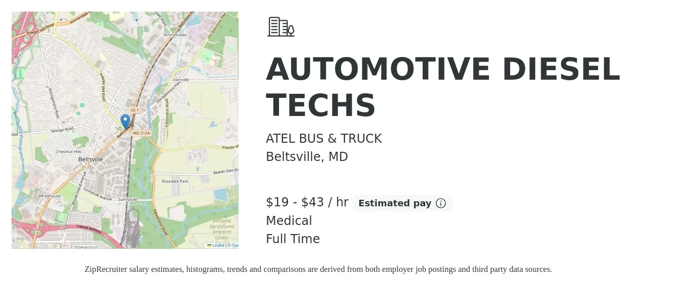 ATEL BUS & TRUCK job posting for a AUTOMOTIVE DIESEL TECHS in Beltsville, MD with a salary of $20 to $45 Hourly and benefits including life_insurance, medical, and pto with a map of Beltsville location.