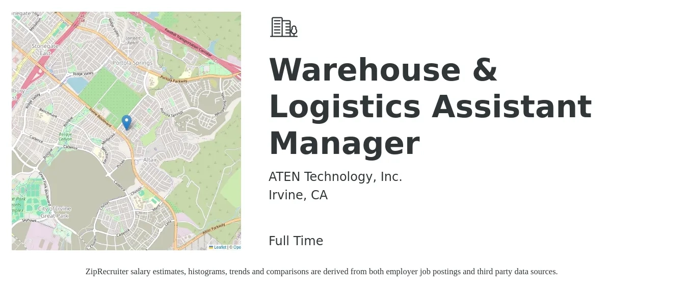ATEN Technology, Inc. job posting for a Warehouse & Logistics Assistant Manager in Irvine, CA with a salary of $65,000 to $75,000 Yearly with a map of Irvine location.