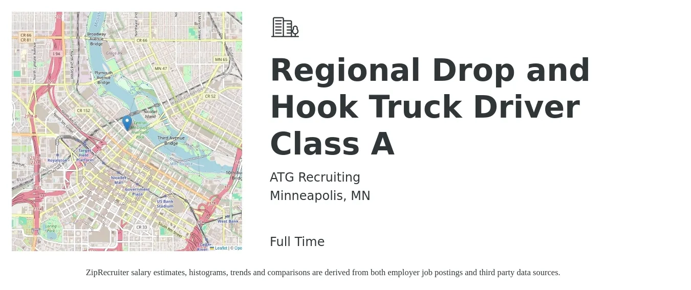 ATG Recruiting job posting for a Regional Drop and Hook Truck Driver Class A in Minneapolis, MN with a salary of $1,250 to $1,450 Weekly with a map of Minneapolis location.