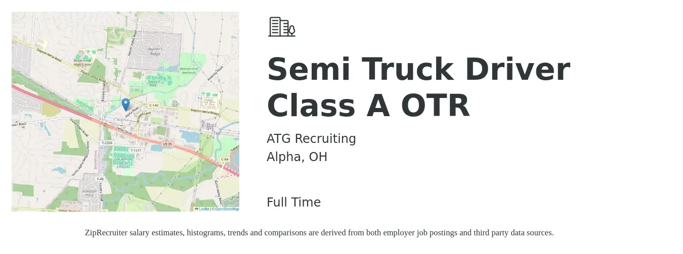 ATG Recruiting job posting for a Semi Truck Driver Class A OTR in Alpha, OH with a salary of $1,400 to $1,600 Weekly with a map of Alpha location.