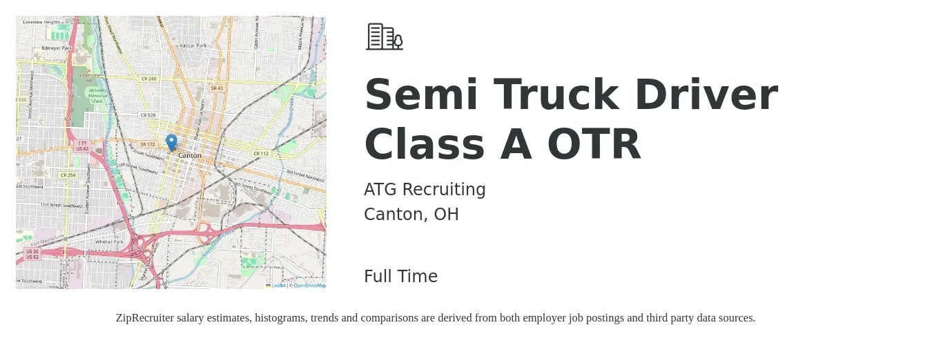 ATG Recruiting job posting for a Semi Truck Driver Class A OTR in Canton, OH with a salary of $1,400 to $1,600 Weekly with a map of Canton location.