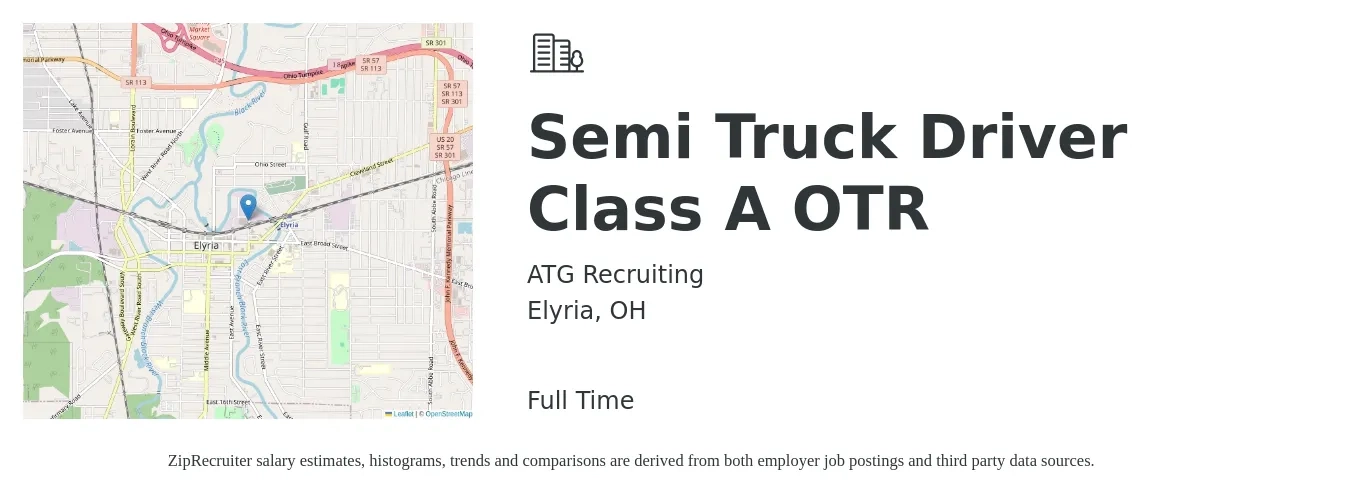 ATG Recruiting job posting for a Semi Truck Driver Class A OTR in Elyria, OH with a salary of $1,400 to $1,600 Weekly with a map of Elyria location.