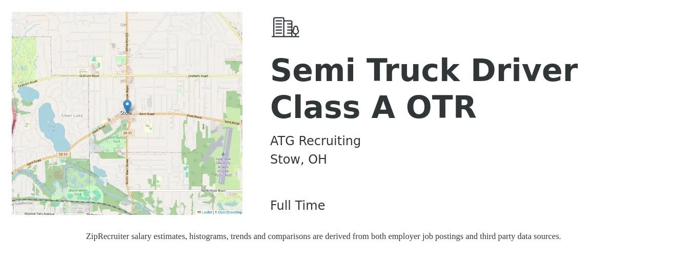 ATG Recruiting job posting for a Semi Truck Driver Class A OTR in Stow, OH with a salary of $1,400 to $1,600 Weekly with a map of Stow location.