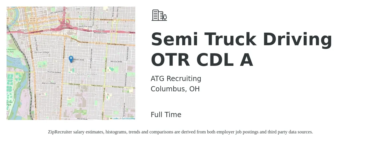 ATG Recruiting job posting for a Semi Truck Driving OTR CDL A in Columbus, OH with a salary of $1,200 to $1,500 Weekly with a map of Columbus location.