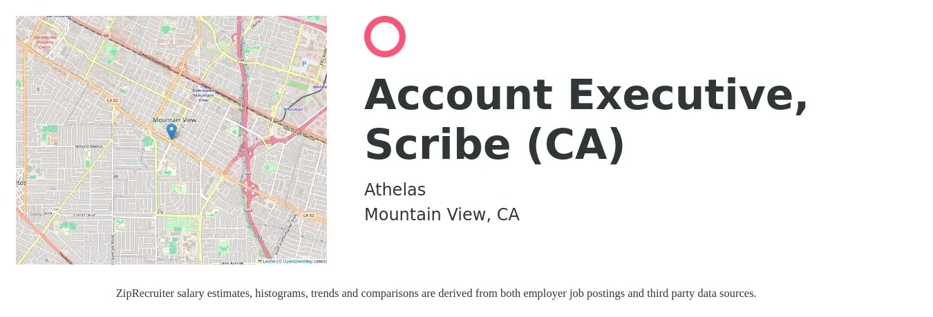 Athelas job posting for a Account Executive, Scribe (CA) in Mountain View, CA with a salary of $62,000 to $224,000 Yearly (plus commission) with a map of Mountain View location.