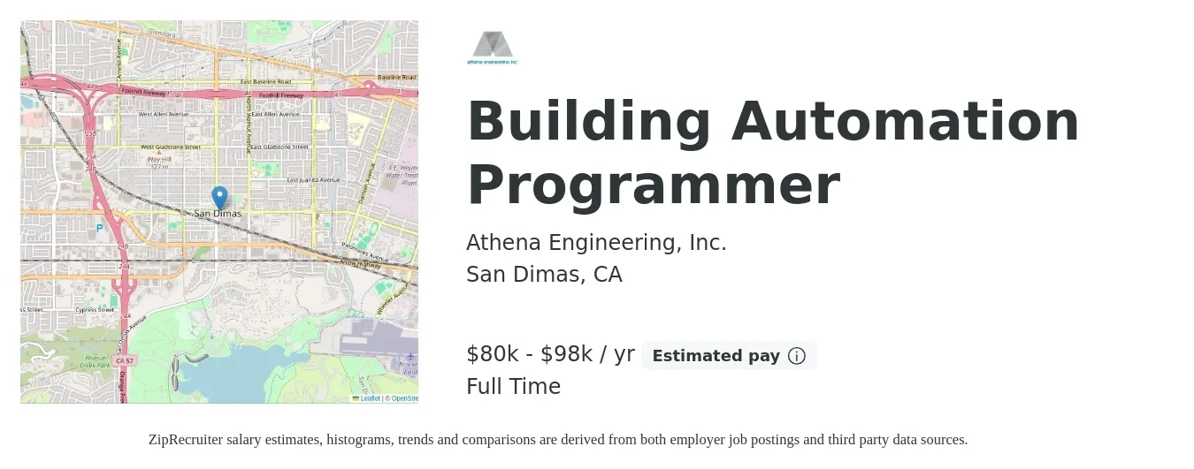 Athena Engineering, Inc. job posting for a Building Automation Programmer in San Dimas, CA with a salary of $80,000 to $98,000 Yearly with a map of San Dimas location.
