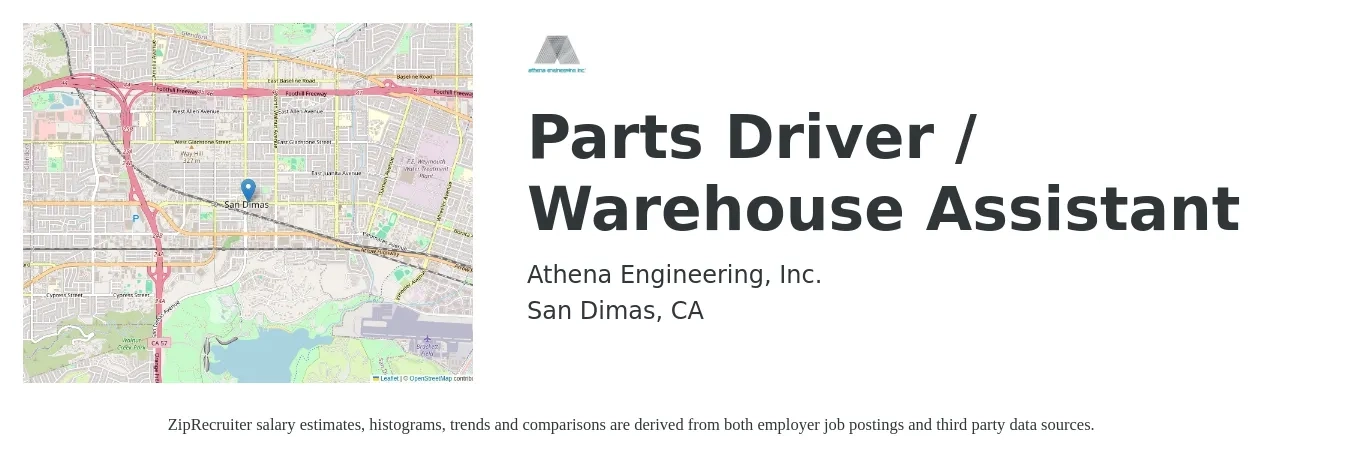 Athena Engineering, Inc. job posting for a Parts Driver / Warehouse Assistant in San Dimas, CA with a salary of $21 Hourly with a map of San Dimas location.