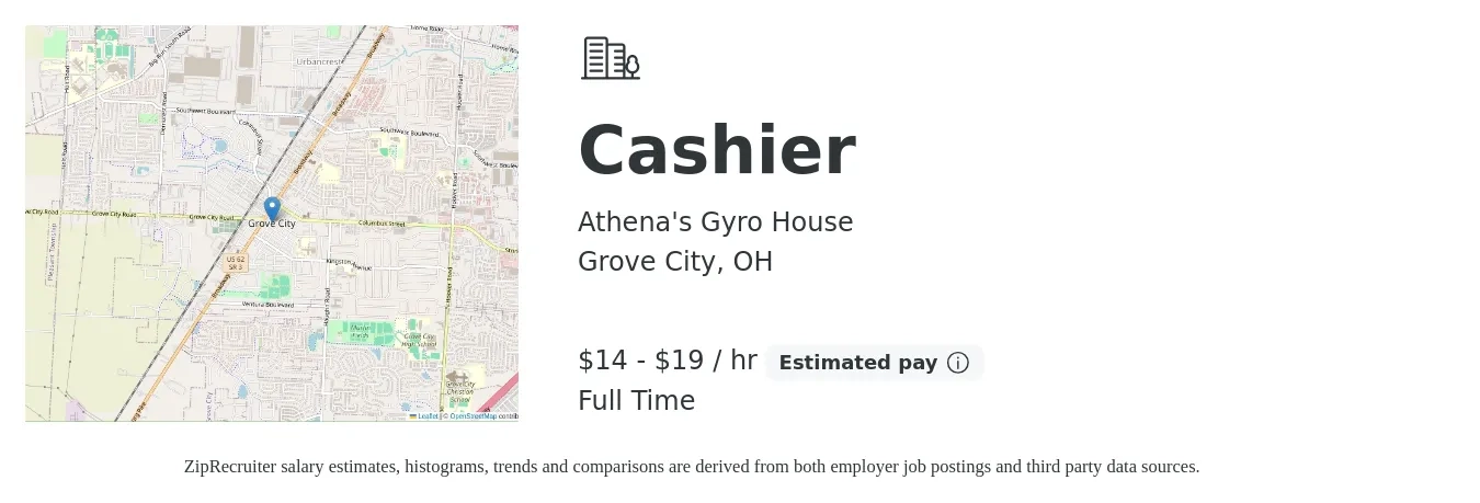 Athena's Gyro House job posting for a Cashier in Grove City, OH with a salary of $15 to $20 Hourly with a map of Grove City location.