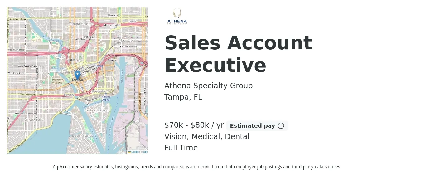 Athena Specialty Group job posting for a Sales Account Executive in Tampa, FL with a salary of $70,000 to $80,000 Yearly (plus commission) and benefits including pto, retirement, vision, dental, life_insurance, and medical with a map of Tampa location.