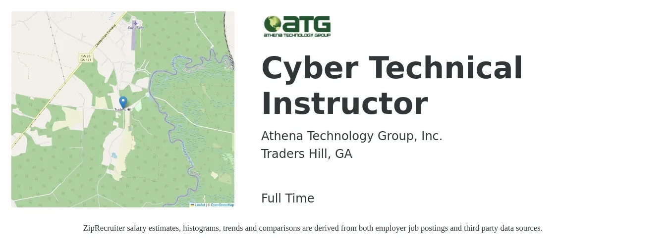 Athena Technology Group, Inc. job posting for a Cyber Technical Instructor in Traders Hill, GA with a salary of $23 to $35 Hourly with a map of Traders Hill location.