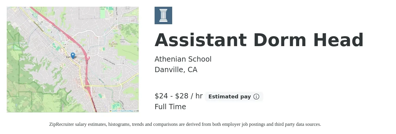 Athenian School job posting for a Assistant Dorm Head in Danville, CA with a salary of $25 to $30 Hourly with a map of Danville location.