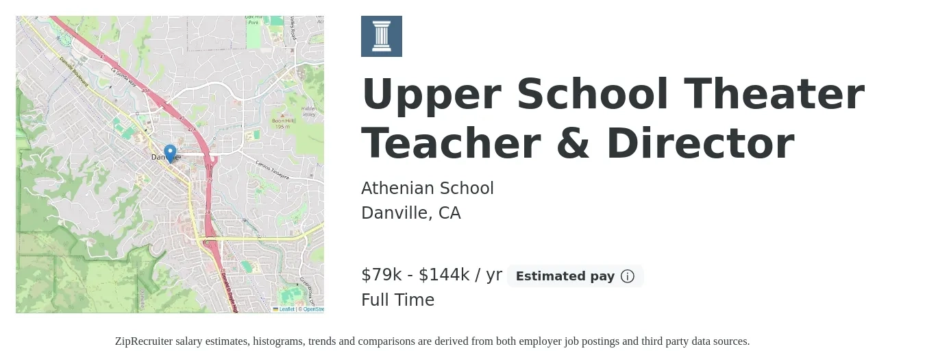 Athenian School job posting for a Upper School Theater Teacher & Director in Danville, CA with a salary of $79,700 to $144,200 Yearly with a map of Danville location.